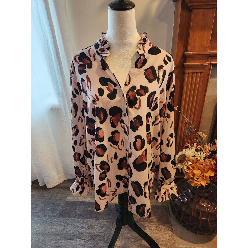 Eloquii Printed Button Down Ruffle Neck Panthera Animal Blouse - Plus Size 20